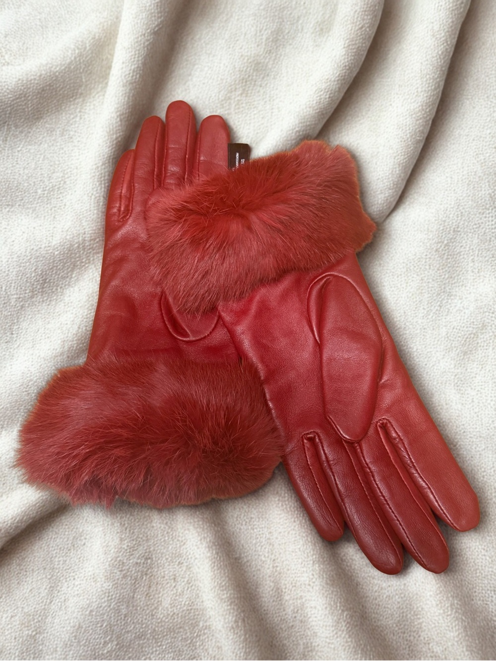 Willi Smith Red Leather Gloves with Fur Trim